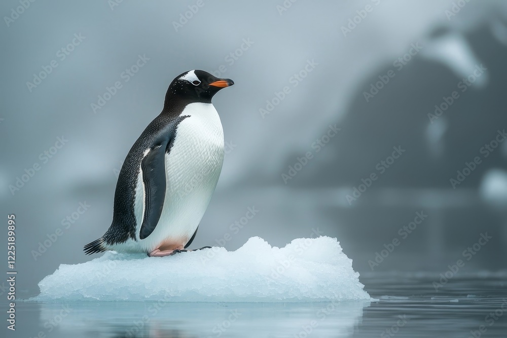 Fototapeta premium Lone Penguin Surviving on Diminishing Ice Patch Amid Cloudy Hazy Skies Reflecting Global Warming Concerns