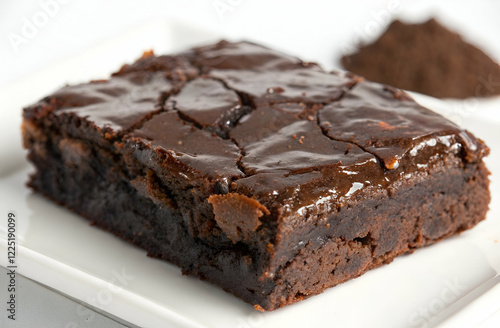 A rich, fudgy chocolate brownie sits on a white plate, showcasing a glossy surface and a moist texture, with a small pile of cocoa powder in the background. photo