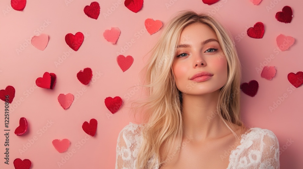 Young woman with long blonde hair surrounded by heart decorations celebrating Valentine's Day with a romantic and joyful expression. Young woman with long blonde hair surrounded by heart decorations celebrating Valentine's Day with a romantic and joyful expression.