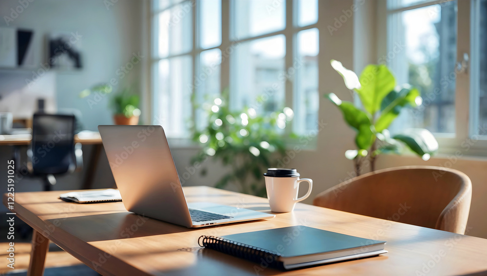 Modern elegant office, workspace interior design, laptop and cup of coffee, 3d render