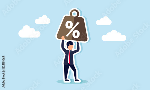 A businessman lifting a weight labeled with a percentage, illustration of responsibility in achieving high percentage profit