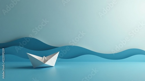 A solitary origami boat gracefully floats on a tranquil, stylized ocean; a minimalist representation of hope, journey, and the pursuit of dreams. photo