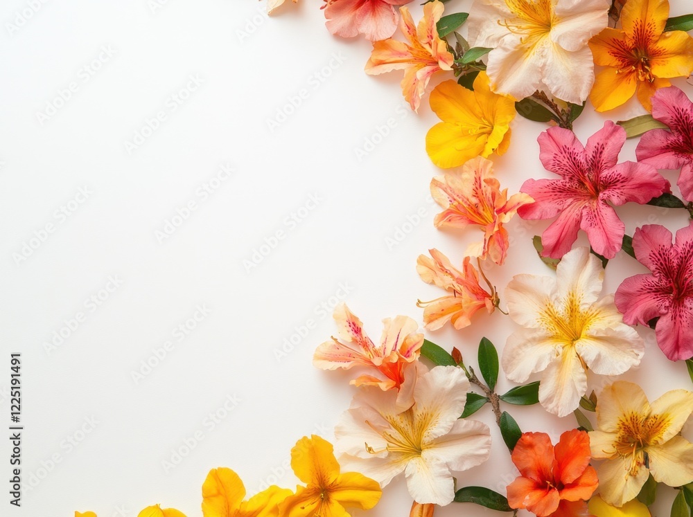 Naklejka premium colorful border with Azalea flowers on a white background, with space for text or design