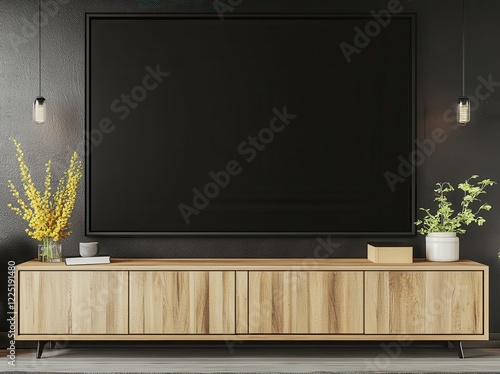 A modern living room setup featuring a sleek wooden media console, a large blank TV screen, and stylish decorative plants against a dark wall. photo