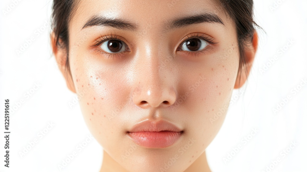 Fototapeta premium Portrait of a beautiful young Asian woman showcasing flawless skin in a close-up against a clean white background.