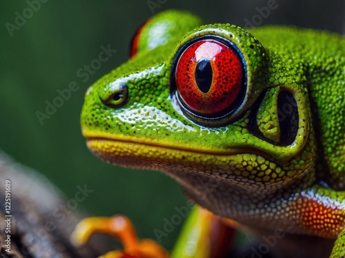 Vibrant Macrophotography of Exotic Red Eyed Green Frog in Lush Rainforest Habitat