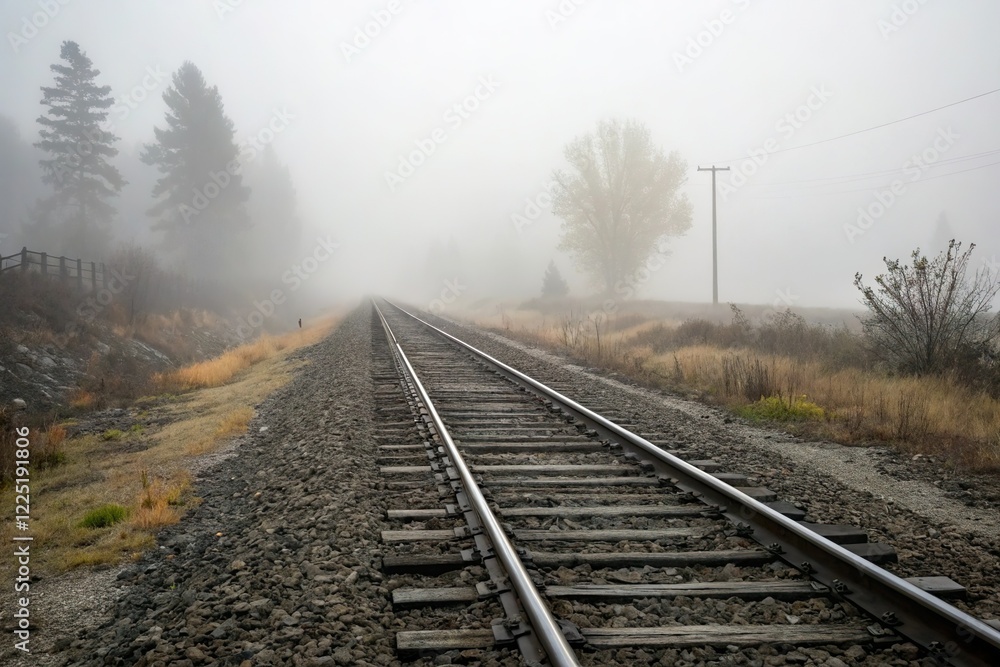 Railway track disappearing into thick fog Railway track disappearing into thick fog