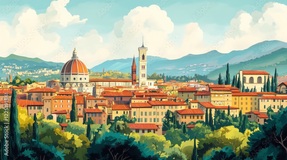 Fototapeta premium Florence Poster Ilustration Travel Print Decor Gift Paper Canvas Wall Retro Art