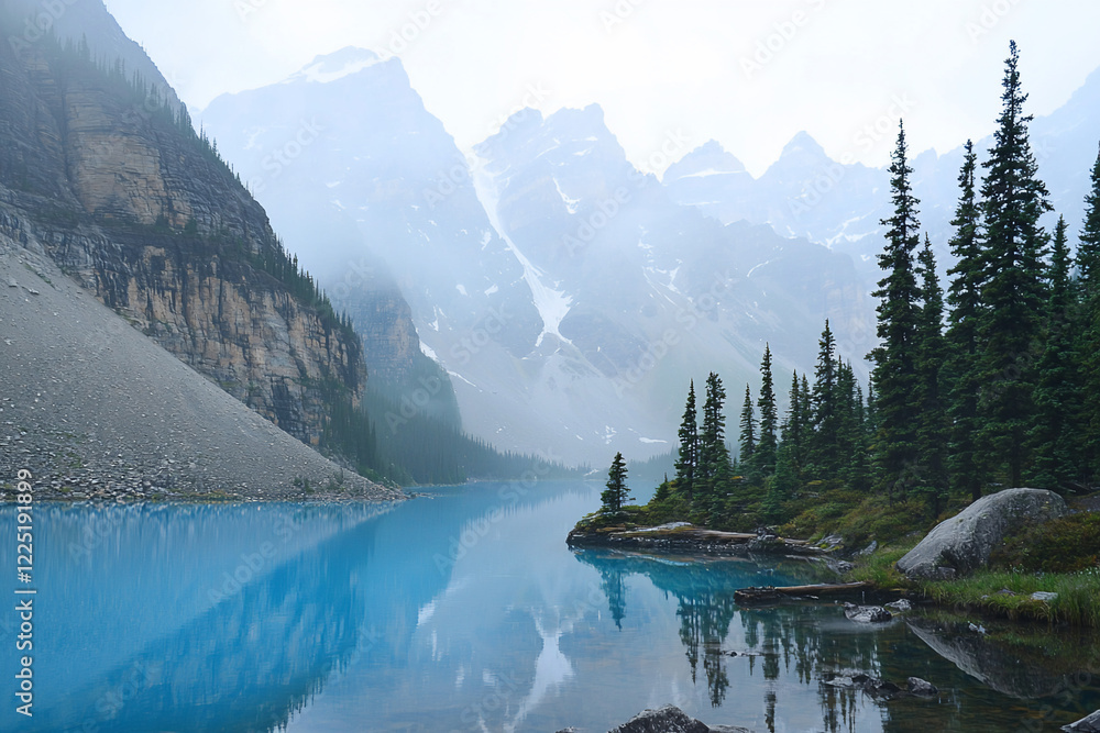 Naklejka premium Serene mountain lake surrounded by towering peaks and lush pine trees under a misty sky