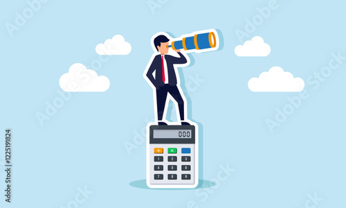 A businessman peering over a calculator, illustration of analyzing and calculating company business finances