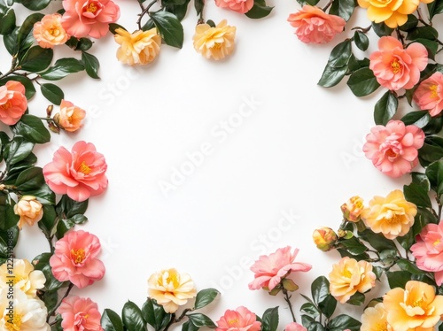 Wallpaper Mural colorful flower border with Camellia on a white background, with space for text or design Torontodigital.ca