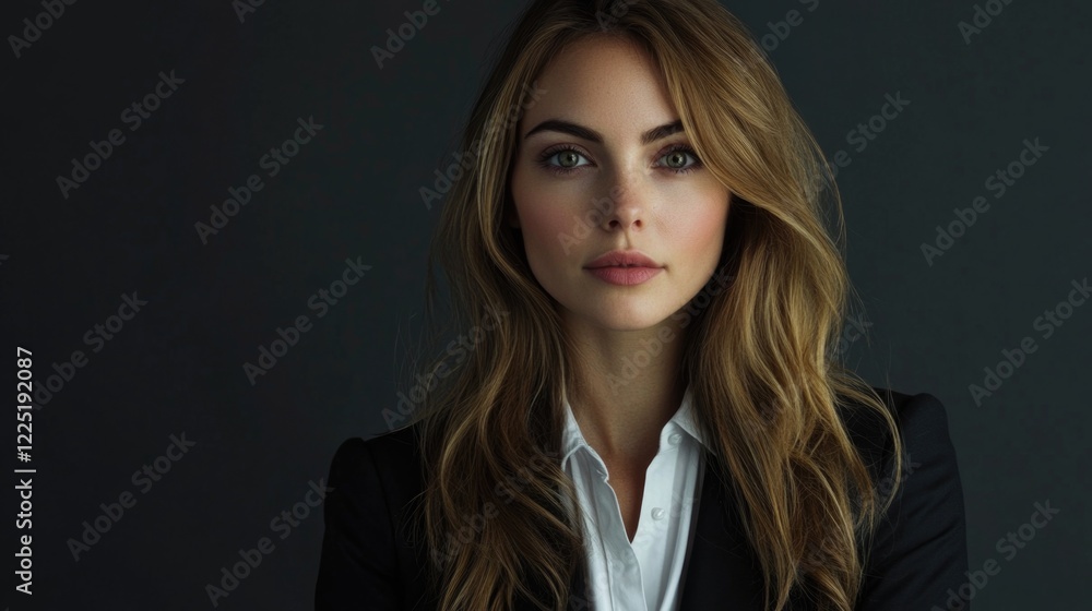 Confident young businesswoman in professional attire posing against a dark background showcasing elegance and poise in a studio setting.
