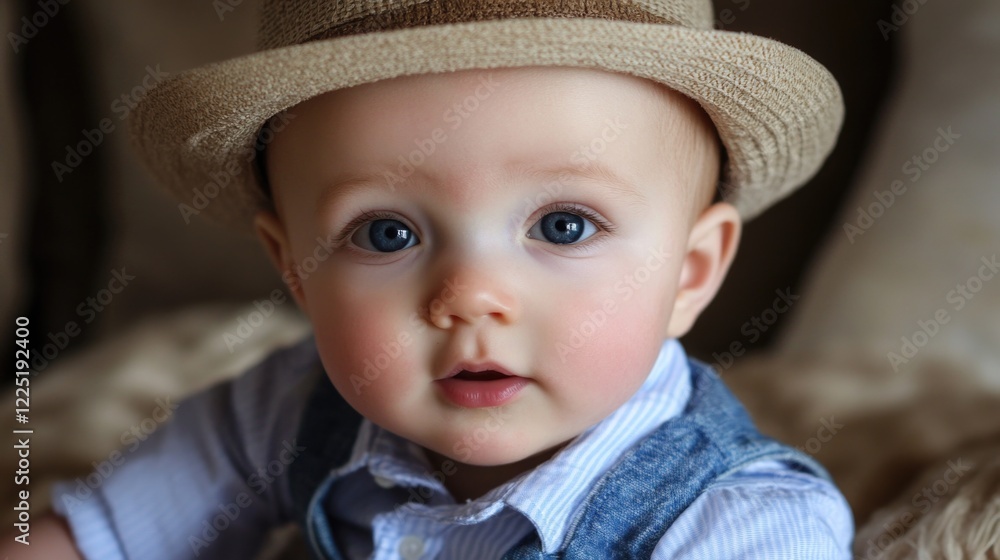 Adorable baby boy with blue eyes wearing a hat and stylish outfit, captured in a warm, cozy environment. Adorable baby boy with blue eyes wearing a hat and stylish outfit, captured in a warm, cozy environment.