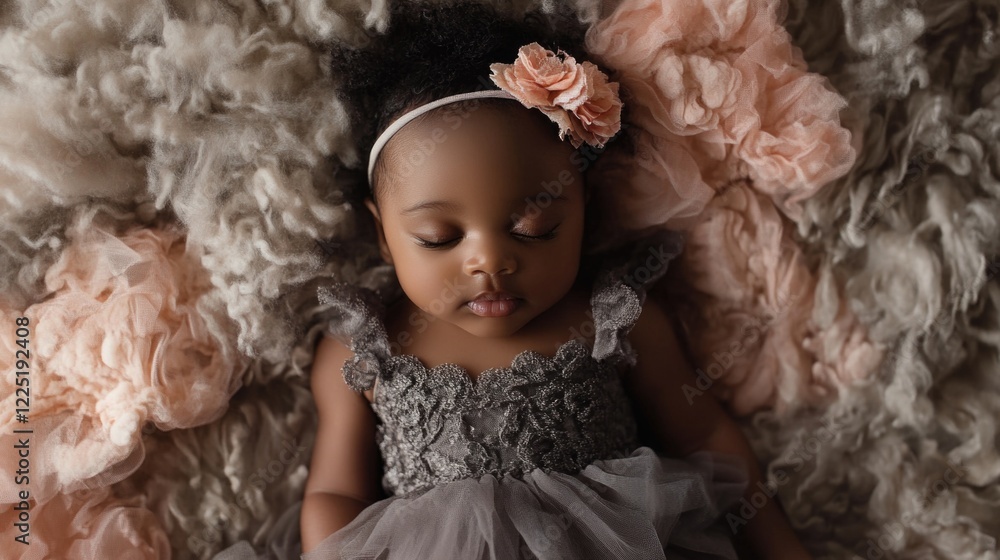Fototapeta premium Serene baby girl in elegant dress resting on soft floral backdrop with gentle textures and pastel colors