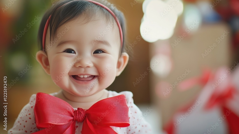 Smiling baby girl in a festive setting with a red ribbon headband and large red bow, radiating joy and innocence.