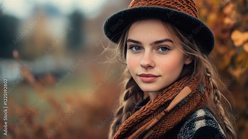 Bavarian girl in autumn attire with hat and scarf against a colorful foliage background capturing the essence of seasonal beauty and charm Bavarian girl in autumn attire with hat and scarf against a colorful foliage background capturing the essence of seasonal beauty and charm