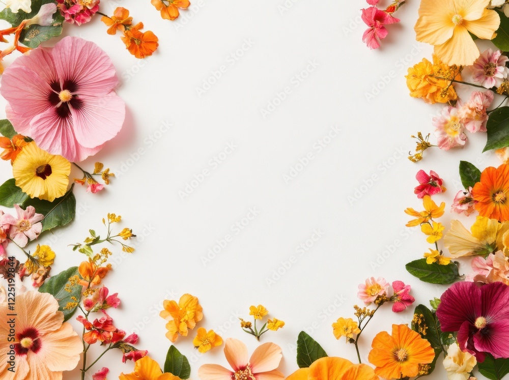 Obraz premium Beautiful, colorful flower border with Hibiscus on a white background, with space for text or design