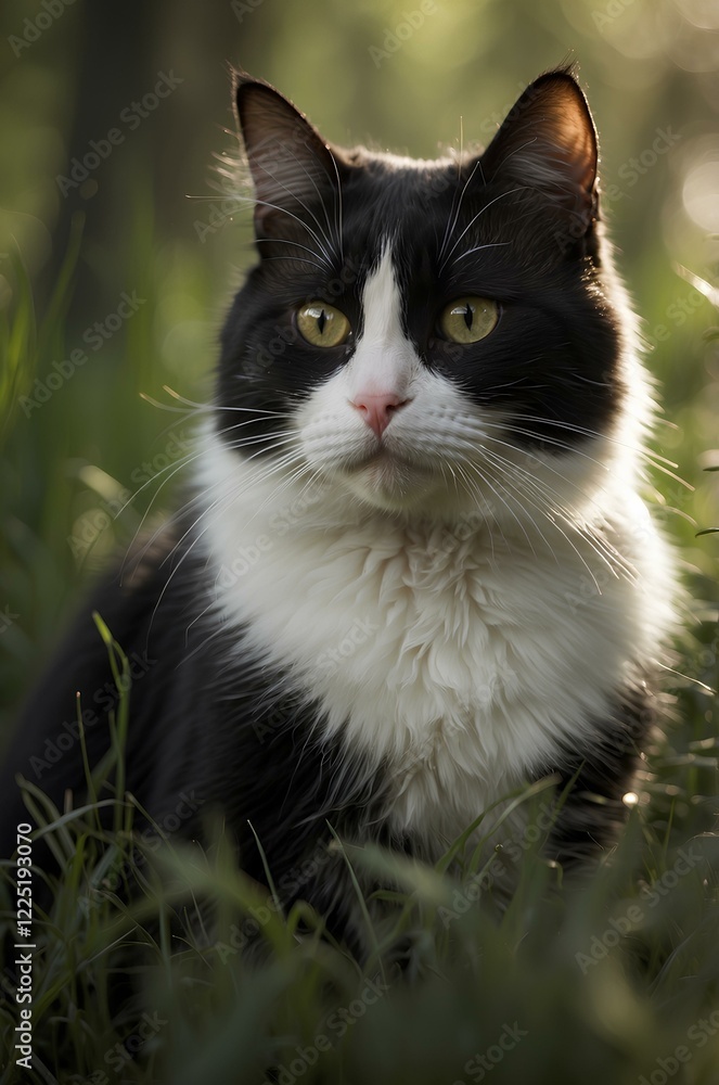 black and white cat on the grass black and white cat on the grass