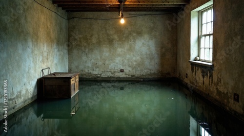 A solitary wooden chest submerged in the murky depths of a dilapidated room, illuminated by a single hanging bulb; water reflects the decaying walls and aged window photo