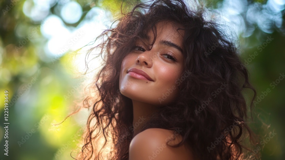 Portrait of a smiling woman with curly hair in a serene natural setting with soft sunlight filtering through the trees. Portrait of a smiling woman with curly hair in a serene natural setting with soft sunlight filtering through the trees.