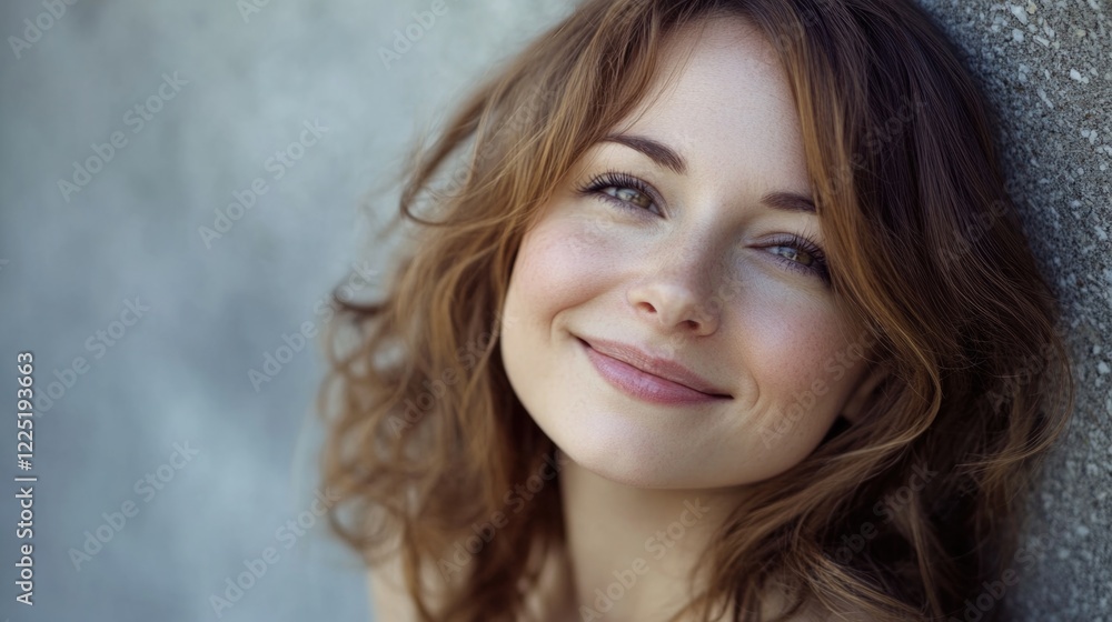 Confident young woman with curly hair smiling warmly against a textured background conveying happiness and positivity in a natural setting Confident young woman with curly hair smiling warmly against a textured background conveying happiness and positivity in a natural setting