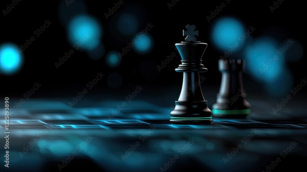 Black chess pieces on digital board with blue lights Black chess pieces on digital board with blue lights