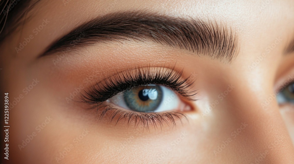 Fototapeta premium Close-up of a woman's eye showcasing long, voluminous eyelashes after an eyelash extension procedure in a beauty salon setting.
