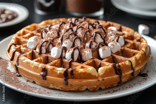 A delicious waffle topped with marshmallows chocolate sauce and cocoa powder photo