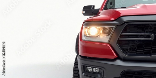 Close-up view of a vibrant red pickup truck's front end, showcasing its illuminated headlight and stylish black grille, against a clean white background.