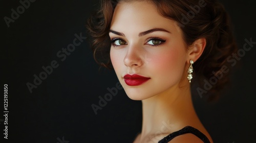 Elegant woman with glamorous evening makeup wearing a black dress and pearl earrings, showcasing a classic beauty portrait.