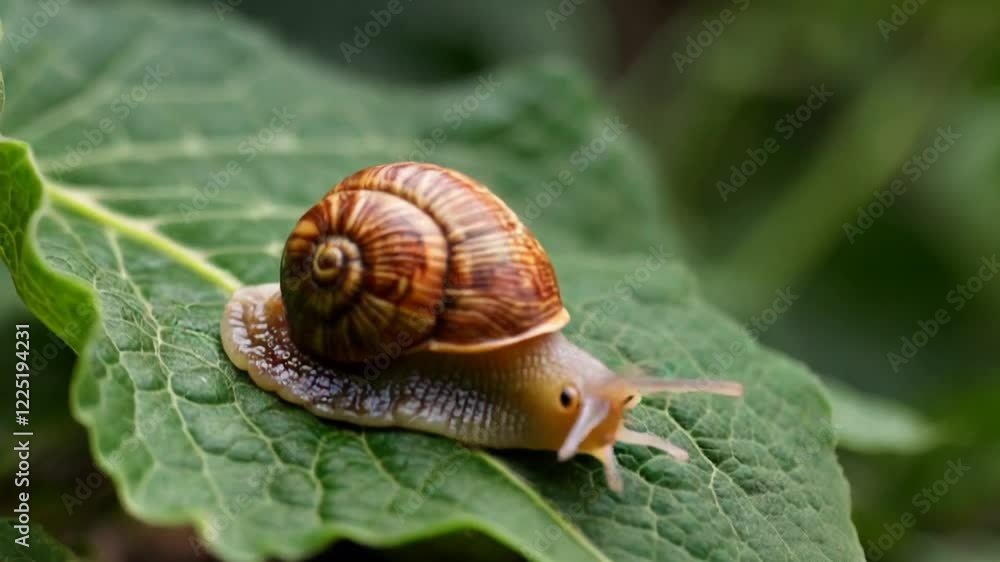 Snail Crawling on Leaf Surface in Natural Environment Close Up with Green Foliage Background Snail Crawling on Leaf Surface in Natural Environment Close Up with Green Foliage Background
