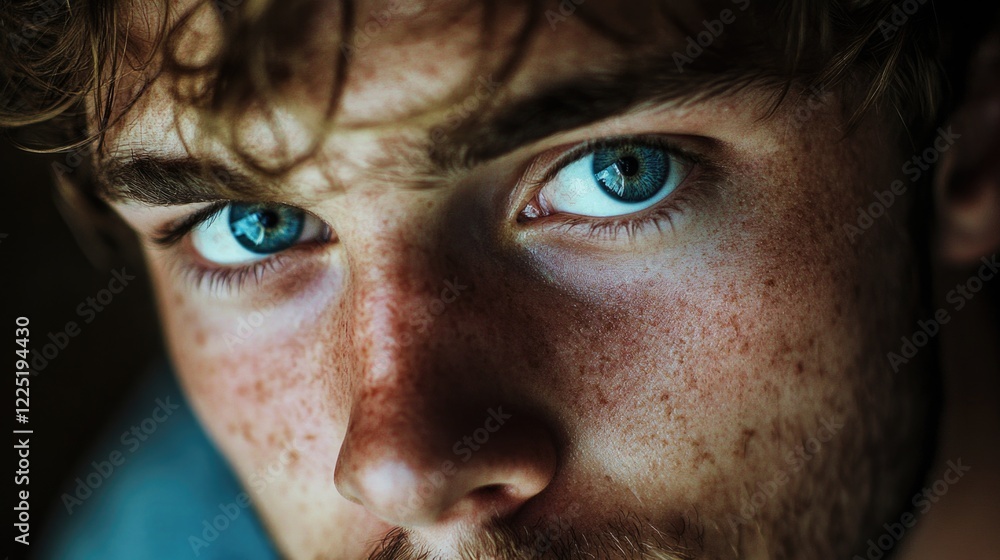 Naklejka premium Close-up portrait of a young man with blue eyes and curly hair showcasing freckles against a soft blurred background.