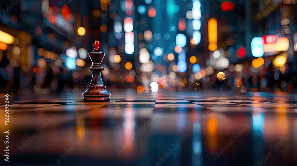 Fototapeta premium chess piece stands out on city street at night