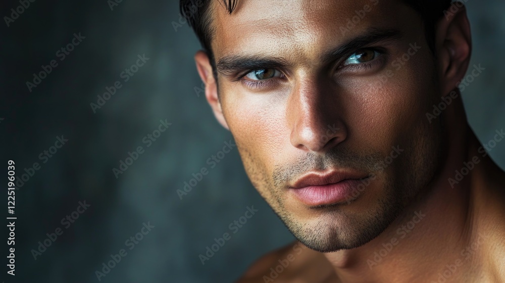 Intense male portrait showcasing strong facial features and captivating expression against a dark textured background Intense male portrait showcasing strong facial features and captivating expression against a dark textured background