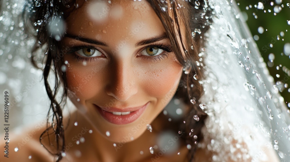 Bride with veil illuminated by droplets of spray creating a dreamy and romantic atmosphere for wedding photography. Bride with veil illuminated by droplets of spray creating a dreamy and romantic atmosphere for wedding photography.