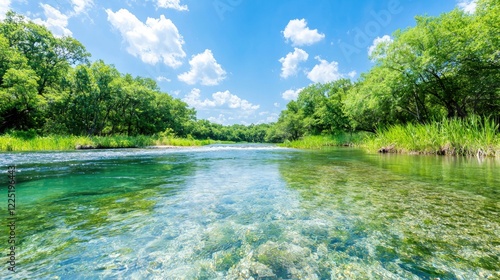 Crystal-clear river flowing through lush green forest under a sunny sky; ideal for travel brochures