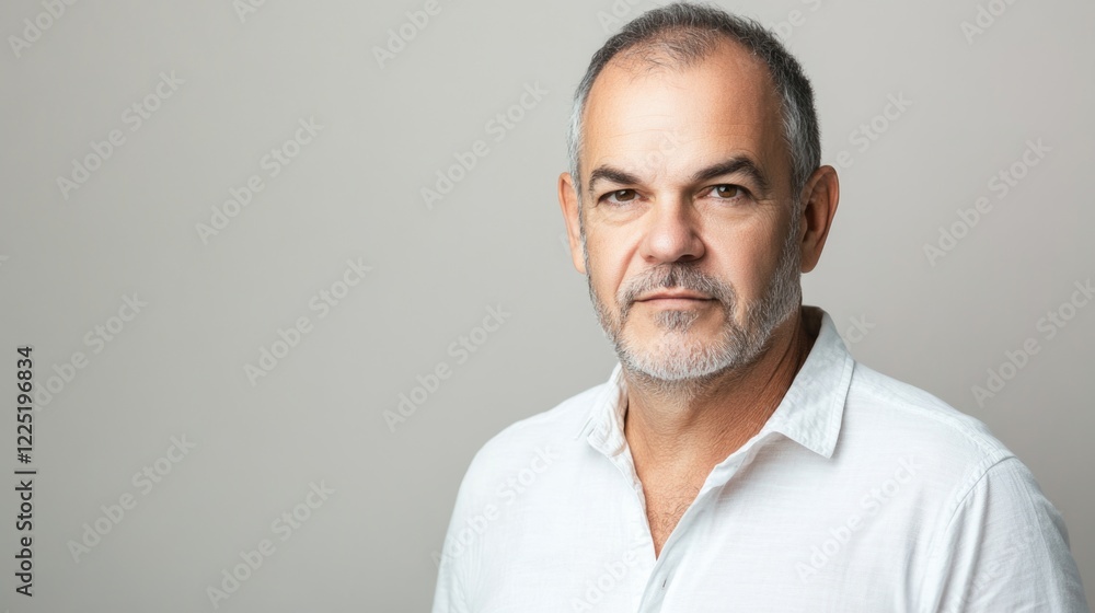 Elegant middle-aged man with a serious expression posing against a neutral background, embodying confidence and calmness in his demeanor. Elegant middle-aged man with a serious expression posing against a neutral background, embodying confidence and calmness in his demeanor.