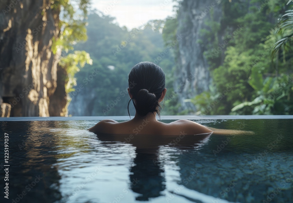 A woman is in a pool, looking out at the mountains A woman is in a pool, looking out at the mountains