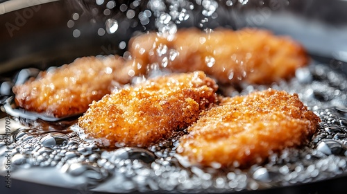 Detail of schnitzels in breadcrumbs sizzling in frying oil