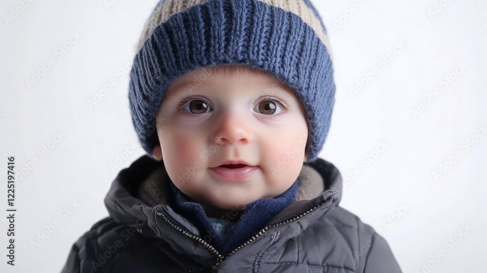 Cute baby boy portrait wearing a knitted hat with an adorable expression against a white background featuring cozy winter attire. Cute baby boy portrait wearing a knitted hat with an adorable expression against a white background featuring cozy winter attire.
