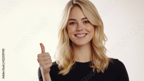 Wallpaper Mural Happy blonde woman giving thumbs up and smiling confidently at the camera against a neutral white background promoting positivity and encouragement. Torontodigital.ca