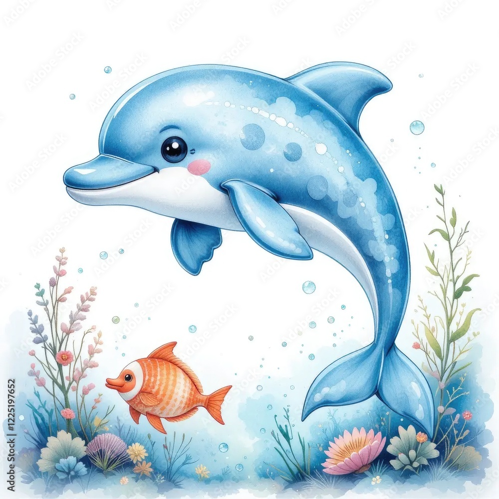 Obraz premium Cute dolphin, nearby shells seaweed and corrals and fish. Sits playfully on an isolated background. Hand drawn watercolor illustration of a toy dolphin, perfect for fun-loving children.