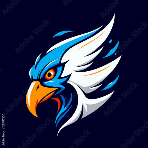 Blue, white, and orange eagle head designs exude power and fierceness, suitable for sports teams, logos, or patriotic themes. photo