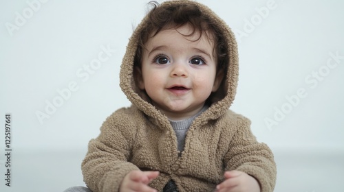 Happy toddler in cozy hoodie looking at the camera with a joyful expression against a clean white background.