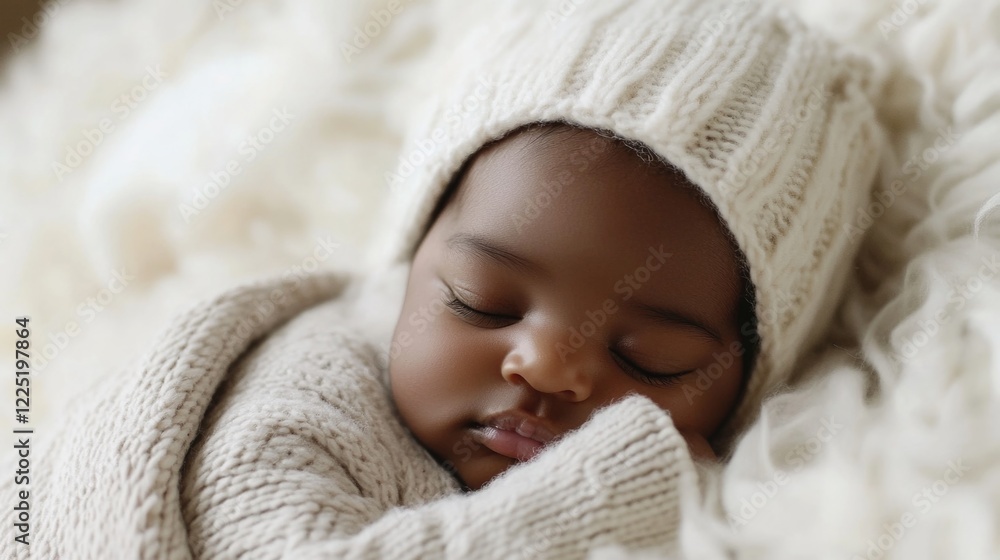 Adorable Sleeping Baby Wrapped in Warm Knit Sweater and Hat on Soft White Blanket Adorable Sleeping Baby Wrapped in Warm Knit Sweater and Hat on Soft White Blanket