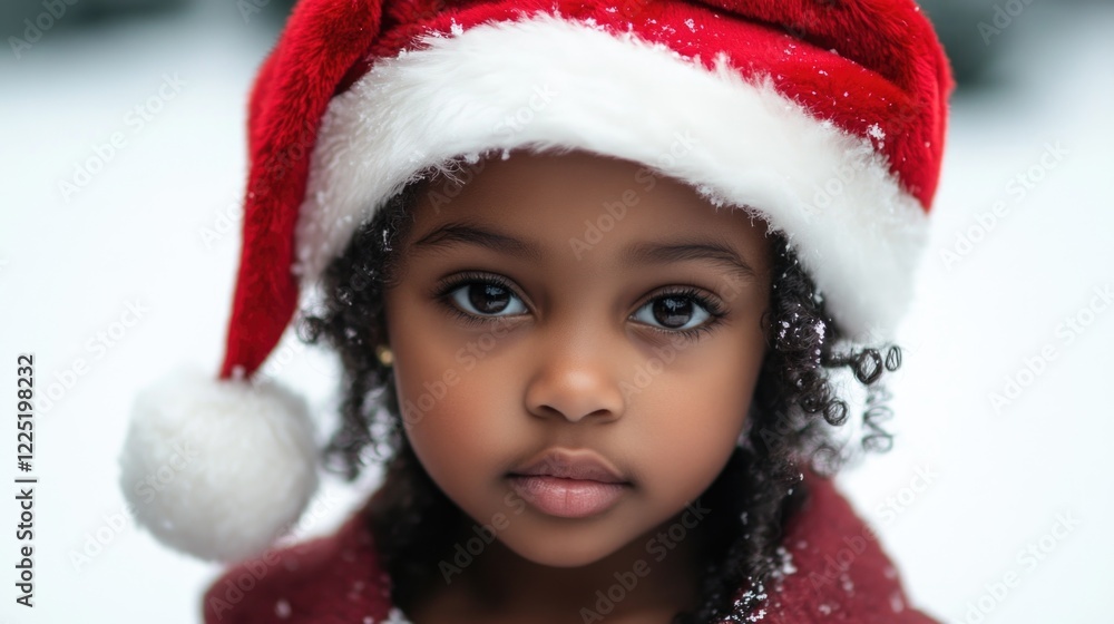 Little girl wearing a red Santa hat with snowflakes on her hair and a thoughtful expression against a white background portrait Little girl wearing a red Santa hat with snowflakes on her hair and a thoughtful expression against a white background portrait