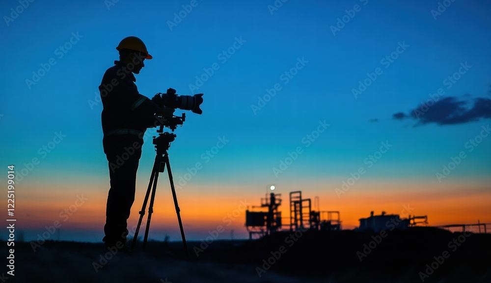 Fototapeta premium A man is taking a picture of a sunset with a camera