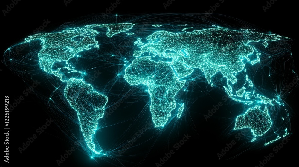 Obraz premium Net zero carbon transformation. A glowing, digital representation of the world map with interconnected lines and points, symbolizing global connectivity and technology.