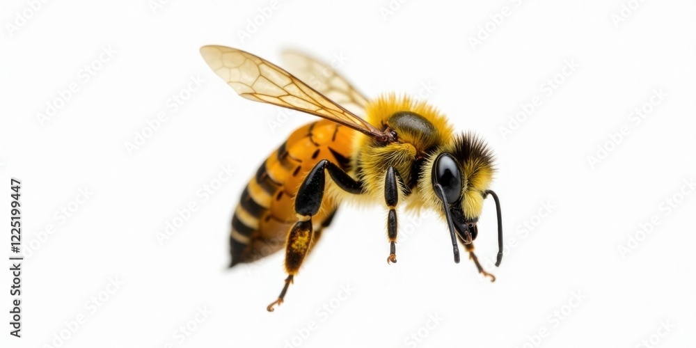A Detailed Close-Up of a Honeybee in Flight Against a Pure White Background