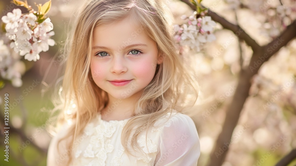 Young girl in a romantic white blouse surrounded by blooming cherry blossoms in a sunny spring garden atmosphere. Young girl in a romantic white blouse surrounded by blooming cherry blossoms in a sunny spring garden atmosphere.